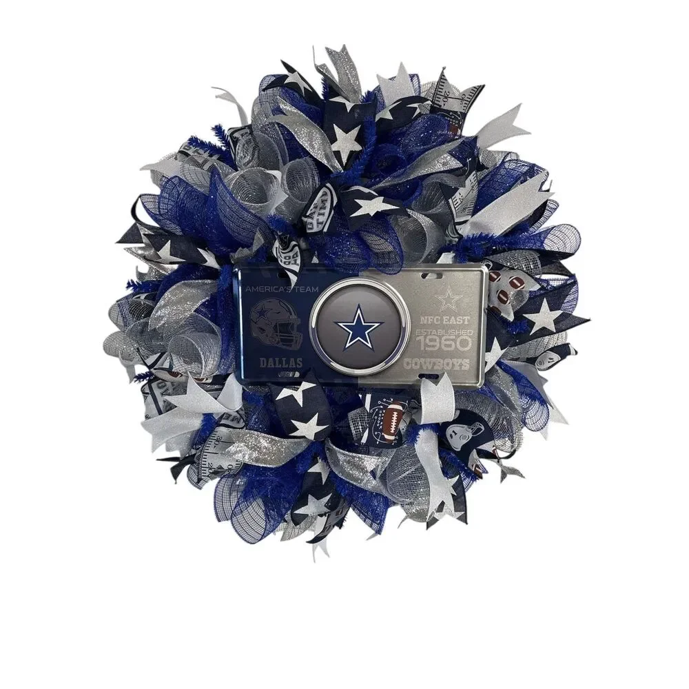 Premium Dallas Cowboys Wreath | Blue Silver Mesh Door Decor | NFC East 1960 Sign